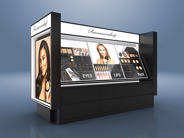 Black Floor Standing Cosmetic Display Rack Custom Cosmetic Counter Design Mall Retail Counter