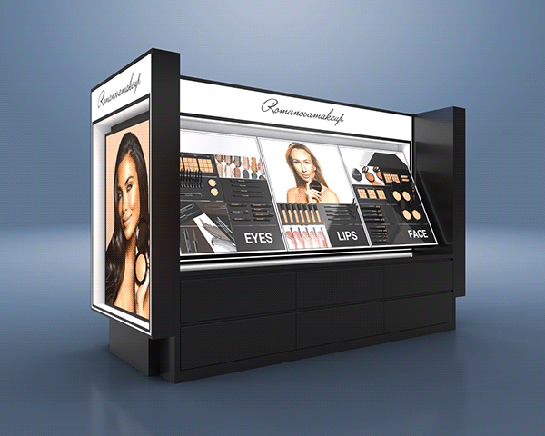 Black Floor Standing Cosmetic Display Rack Custom Cosmetic Counter Design Mall Retail Counter