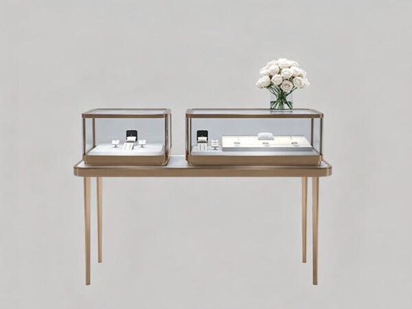 Customized display case for a luxury jewelry and watch boutique featuring modern, new design elements