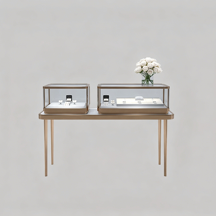 Customized display case for a luxury jewelry and watch boutique featuring modern, new design elements