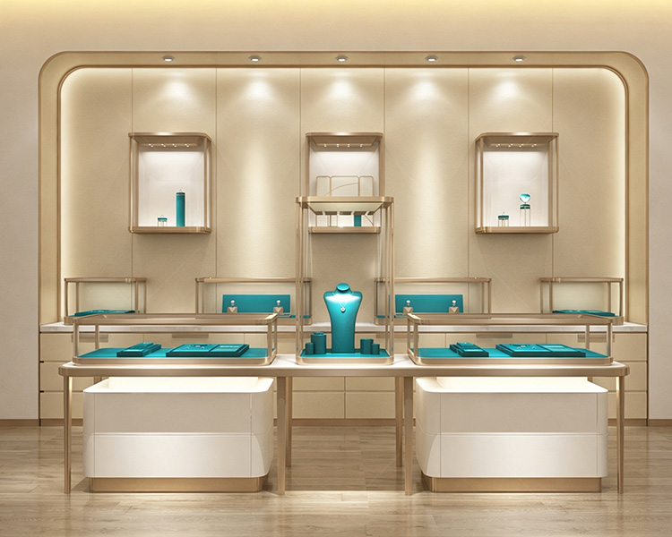 Customized display case for a luxury jewelry and watch boutique featuring modern, new design elements