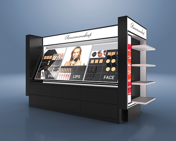 Black Floor Standing Cosmetic Display Rack Custom Cosmetic Counter Design Mall Retail Counter
