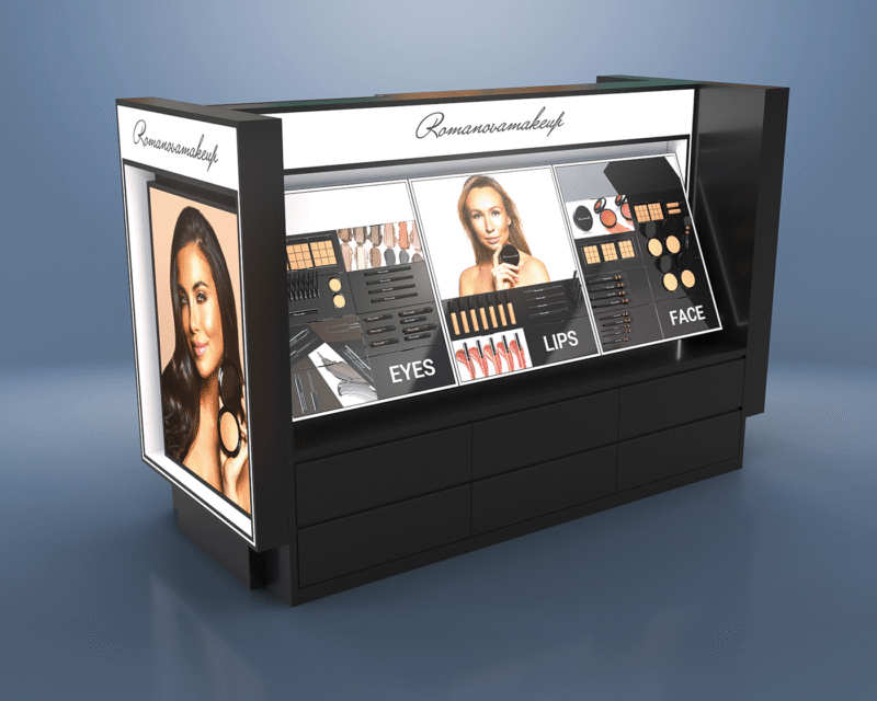 Black Floor Standing Cosmetic Display Rack Custom Cosmetic Counter Design Mall Retail Counter