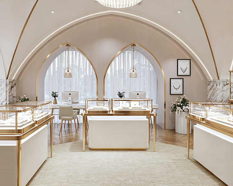 Customized display case for a luxury jewelry and watch boutique featuring modern, new design elements