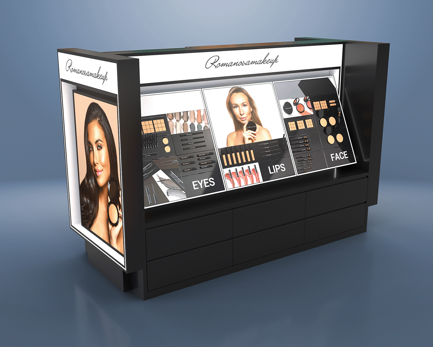 Black Floor Standing Cosmetic Display Rack Custom Cosmetic Counter Design Mall Retail Counter