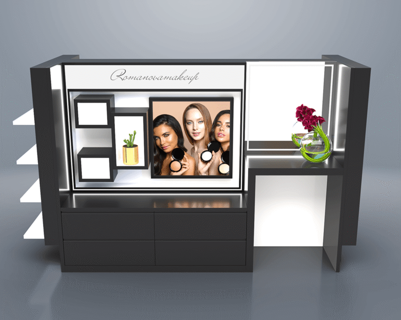 Black Floor Standing Cosmetic Display Rack Custom Cosmetic Counter Design Mall Retail Counter