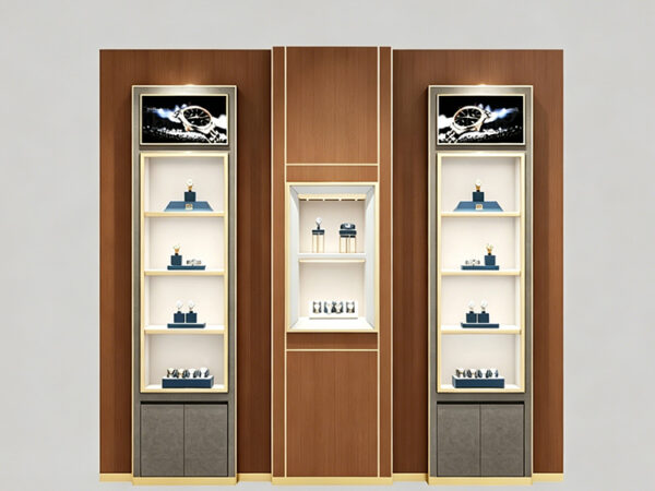 watch display case, bespoke high-end luxury timepiece wall display showcase, jewelry watch cabinet, dark wood grain display fixture