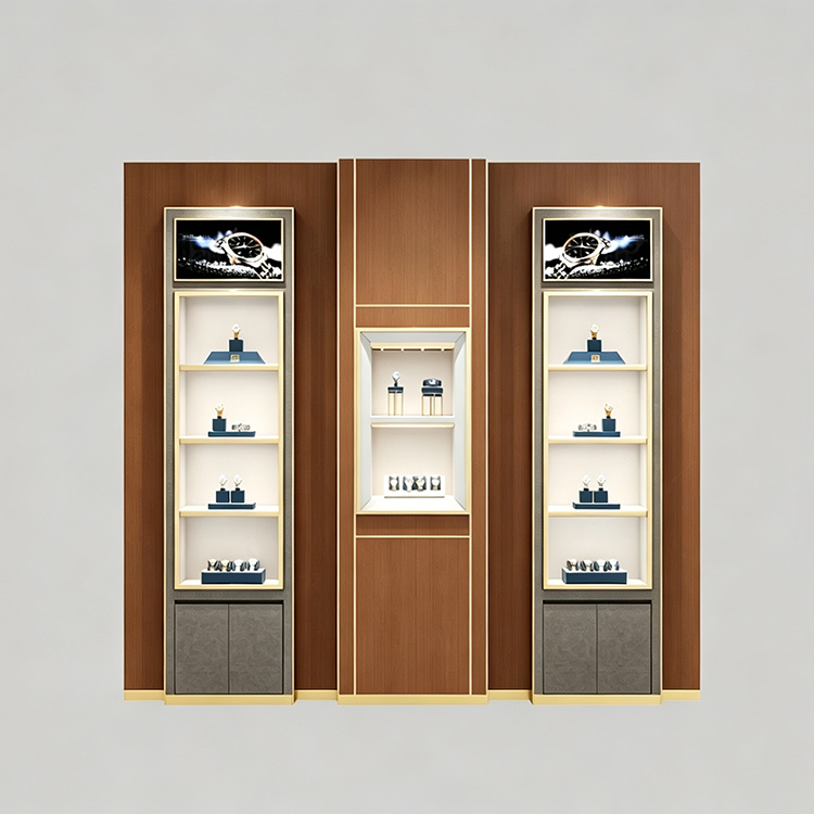 watch display case, bespoke high-end luxury timepiece wall display showcase, jewelry watch cabinet, dark wood grain display fixture
