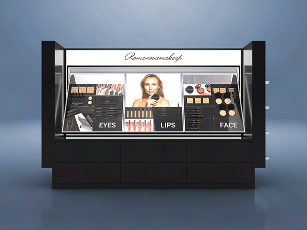 display cabinets, black floor standing cosmetic display rack, custom cosmetic counter design mall retail counter, multi-angle multi-faceted fragrance display fixture
