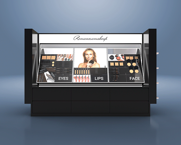 Black Floor Standing Cosmetic Display Rack Custom Cosmetic Counter Design Mall Retail Counter