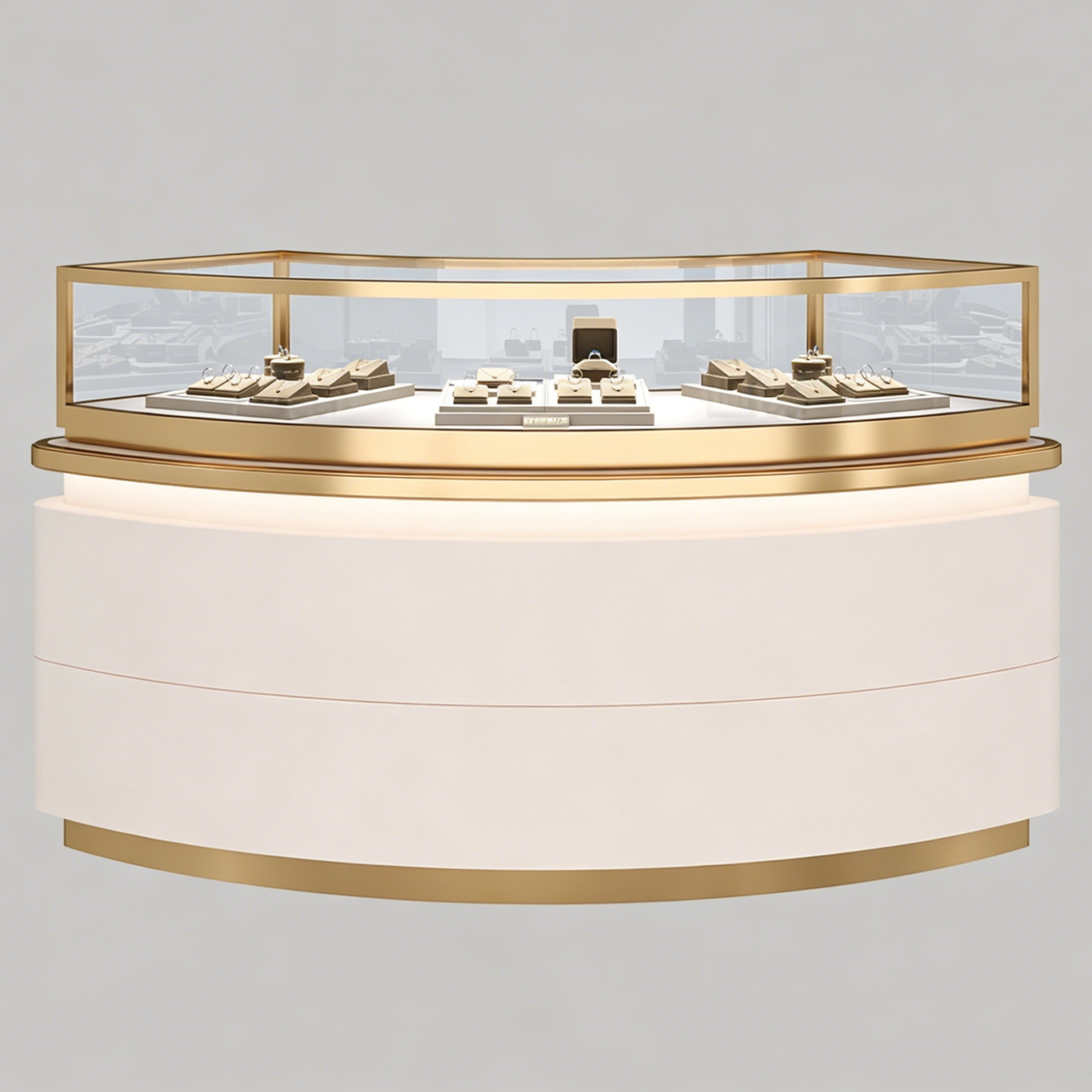 curvaceous-luxury-jewelry-display-cabinet-boutique Curvaceous luxury jewelry display cabinet, modern curved glass retail showcase for diamond and watch boutique