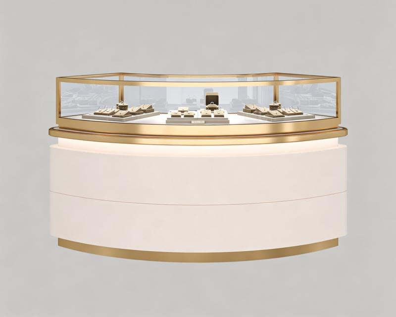 curvaceous-luxury-jewelry-display-cabinet-boutique Curvaceous luxury jewelry display cabinet, modern curved glass retail showcase for diamond and watch boutique