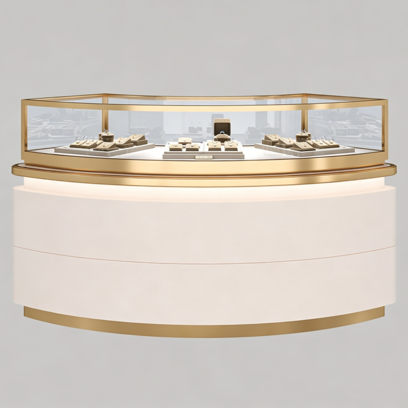 curvaceous-luxury-jewelry-display-cabinet-boutique Curvaceous luxury jewelry display cabinet, modern curved glass retail showcase for diamond and watch boutique