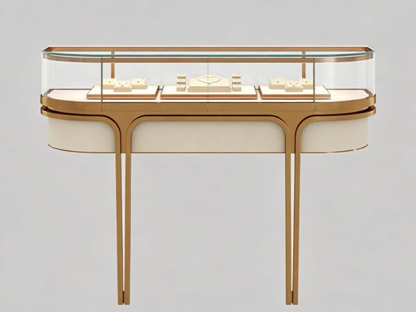 luxury-display-case-semi-circular-glass-dome-jewelry-showcase display case luxury semi-circular glass dome jewelry display case with gold stripe decoration