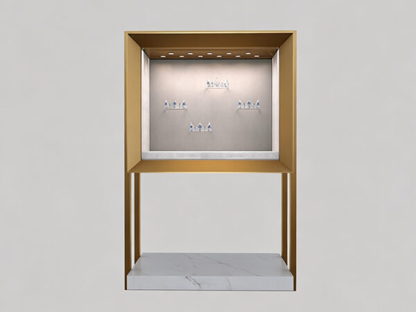 showcase auto, high-end suspended glass jewelry showcase, gold stainless steel display fixture, front view retail display cabinet