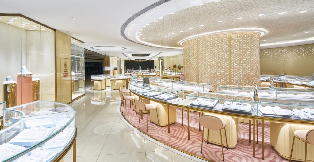gold shop design, China Gold brand philosophy, central enterprise heritage, oriental culture retail space, premium glass jewellery display showcase for high-end gold boutique