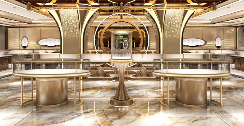 Island jewelry showcases for luxury retail stores, featuring custom jewelry display cases and ultra-clear glass.