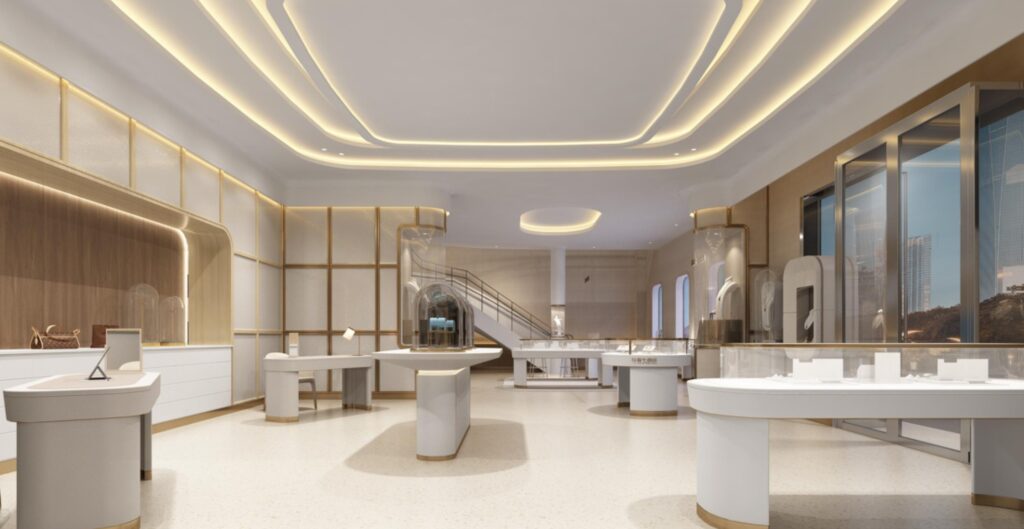 Luxury showcase cabinet with premium materials for a UK jewelry brand, including glass display cabinet with doors, lighted display cabinet with glassdoors and shelves, and museum quality display cases.