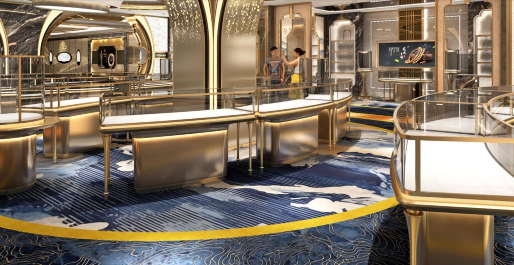 Wall-mounted jewelry showcases in a high-end jewelry brand collective store, glass showcase display with gold stainless steel and leather.