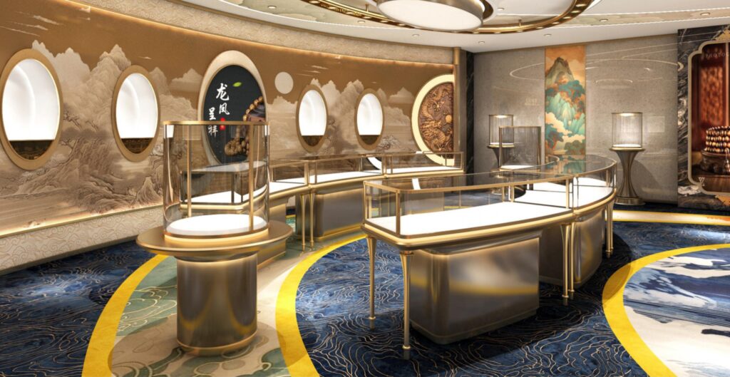 VIP jewelry showcases and watch display cabinets in a Middle East luxury boutique, custom display cases with natural stone and 4000K lighting.