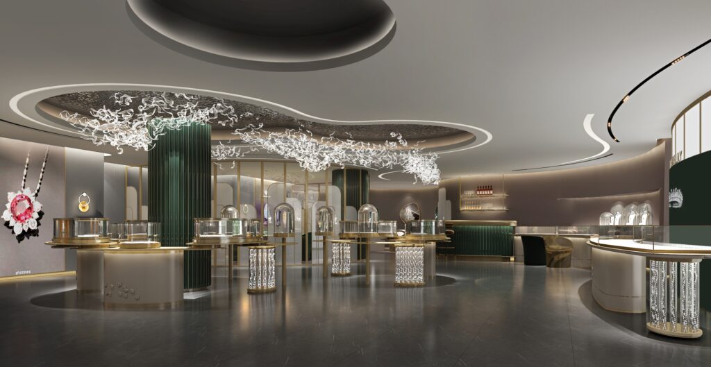 Glass cabinets for sale with luxury jewelry showcases for US stores, featuring museum quality display cases, wall-mounted jewelry display cases, and glass display cabinet with doors.