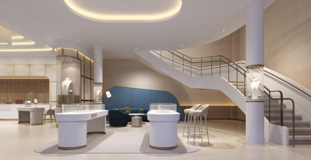 VIP showcase cabinet with museum-grade display for a UK luxury jewelry chain, featuring museum display cases, airtight display case, and crystal display case designs.