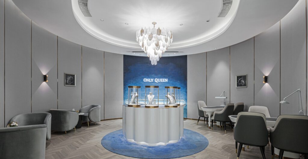 gold counter, full range curved luxury jewelry showcases, island counters, vertical display case, VIP consultation tables, one-stop design production installation, premium jewellery showcases for boutique