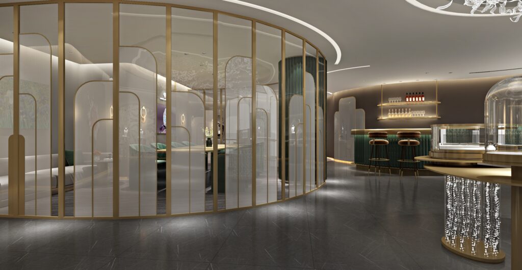 Glass cabinets for sale: premium display cases for US jewelry brands by Lilin, with lighted display cabinet with glassdoors and shelves, metal cabinet with glass doors, and custom acrylic display case.