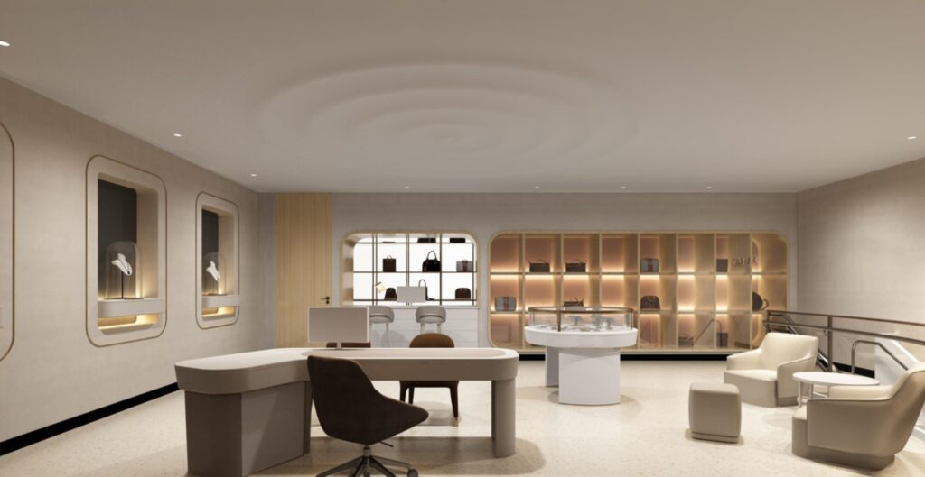 Showcase cabinet designed to integrate brand culture and customer experience for a UK luxury jewelry chain, with jewelry store showcases, jewelry displays for retail stores, and retail furniture.