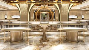 Luxury jewelry showcases at Middle East high-end jewelry collective store entrance, custom glass jewelry display cases with brushed gold finish.