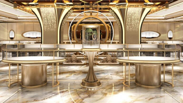 Luxury jewelry showcases at Middle East high-end jewelry collective store entrance, custom glass jewelry display cases with brushed gold finish.