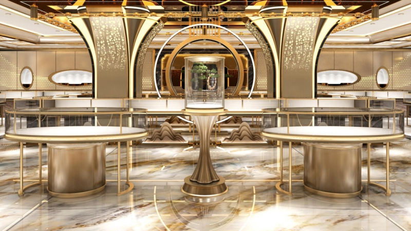 Luxury jewelry showcases at Middle East high-end jewelry collective store entrance, custom glass jewelry display cases with brushed gold finish.