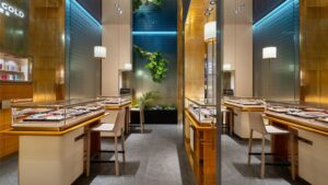 conservation grade display case, eight corners island gold display showcase, luxury jewelry display cases, custom jewelry display cases, premium glass vitrine for gold diamond jewellery